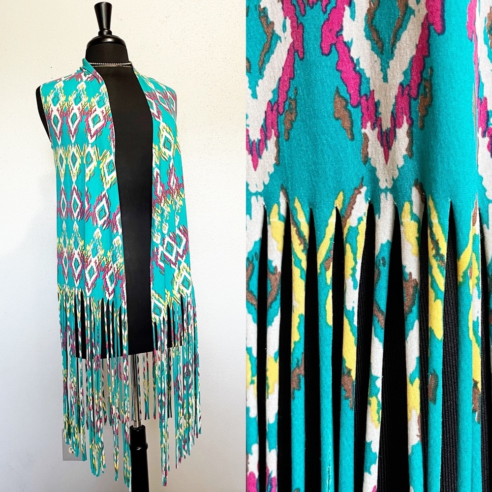Turquoise Haven Western Pattern Fringe Vest Size S